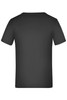 A black T-shirt with short sleeves, featuring a plain back design and a logo at the neck.
