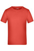 A red short-sleeve T-shirt with a plain design and a small logo on the label.