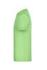 A light green t-shirt is displayed from the side view, featuring a simple design and a visible logo.