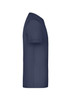 A navy blue T-shirt displayed from the side, featuring short sleeves and a fitted design. It has a logo.