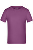 A purple short-sleeved T-shirt with a round neckline. It features a simple design and has a logo.