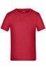 A red T-shirt featuring a round neck and short sleeves, with a logo on the label inside.