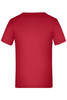 A plain red t-shirt with short sleeves, featuring a logo on the back.