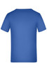 A blue short-sleeved T-shirt featuring a plain design and a logo on the back.