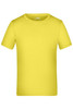 A bright yellow T-shirt with short sleeves and a crew neckline. It features a logo on the inside label.