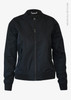 A black women's jacket featuring a zip front and ribbed cuffs, made from recycled polyester. It has a logo on the tag.