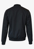 A black men's jacket with a zip-up front and ribbed cuffs, featuring a logo on the back.