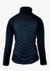 A soft shell jacket for women in navy blue, featuring a quilted design on the back and a high collar.