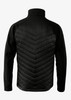 A black soft shell jacket with a textured chevron pattern on the back and a high collar. It features a logo.