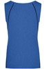 A blue ladies sports tank top with a simple design and a logo on the back.