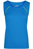 A blue ladies sports tank top featuring green detailing and a logo on the upper part.