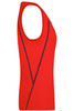 A red ladies sports tank top featuring a sleeveless design and a contrasting black stripe pattern.