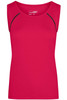 A red ladies sports tank top featuring black accents and a logo. Suitable for active wear and sports uniforms.