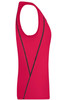 A red ladies sports tank top with a fitted design and contrasting black seams, featuring a logo.