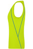 A vibrant yellow ladies sports tank top with a blue accent and a logo. Features a sleeveless design.