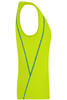 A bright yellow ladies sports tank top with blue accents and a sleeveless design. Features a logo.