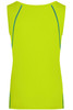 A back view of a bright yellow ladies sports tank top with blue piping details and a logo.