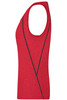 A red sports tank top with a sleeveless design and a black geometric pattern. It features a logo on the fabric.