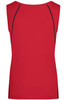 A red ladies sports tank top with a sleek design and contrasting black accents, featuring a logo.