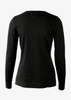 A black knitted jumper with long sleeves and a round neckline, featuring a simple design and logo.