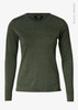 A knitted jumper in a dark green colour, featuring long sleeves and a crew neckline. It has a logo on the label.
