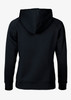 A black women's hoodie featuring a spacious hood and long sleeves, with a plain design on the back.