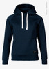 A navy blue hoodie with a front pocket and white drawstrings, featuring a logo on the lower side.