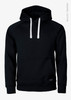 A black hoodie featuring a front pouch pocket and white drawstrings. The hoodie has a logo on the hem.