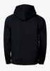 A black hoodie featuring a hood and long sleeves, showcasing a simple design on the back.