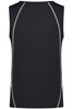 A black men's sports tank top featuring contrasting white stitching and a simple design. Includes a logo.