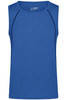 A blue men's sports tank top with a crew neck and contrasting side seams. It features a simple logo.