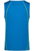 A blue men's sports tank top with green detailing along the seams and a branding logo.