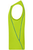 A neon green men's sports tank top with a distinctive blue seam design and a sleeveless style.