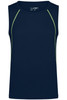 A navy men's sports tank top with lime green accents and a logo.