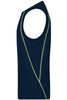 A navy men's sports tank top featuring a contrasting green side design and a sleeveless cut. It includes a logo.