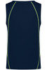 A men's sports tank top in navy blue with contrasting green stitching and a logo on the back.