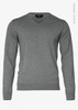 A grey V-neck men's jumper made from organic cotton, featuring long sleeves and a subtle logo.