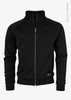 A black men's zip-up jacket with a high collar and raglan sleeves, featuring a logo on the side.