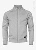 A grey zip-up jacket with a high collar and a logo on the side. Made from organic cotton.