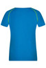 A blue ladies sports T-shirt with short sleeves and green detailing on the shoulders. It features a logo.