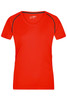 A red ladies sports T-shirt featuring short sleeves and a contrast trim. It includes a logo on the back.