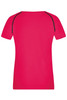 A bright pink ladies sports T-shirt with short sleeves and black detailing on the shoulders.