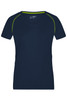 A navy blue women's sports T-shirt featuring contrasting green accents and a logo on the label.
