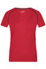 A red ladies sports T-shirt with contrasting black accents and a crew neckline. It features a logo on the front.