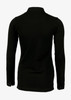 A black women's polo shirt featuring long sleeves and a simple design, with a branding logo on the back.