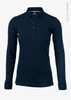 A long-sleeved polo shirt in navy blue, featuring a collar and button-up front. It includes a logo.
