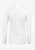 A white long-sleeve polo shirt for women, featuring a collar and a logo on the back.