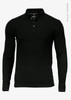 A black long-sleeved polo shirt featuring a collar, buttons, and a logo. Made of organic cotton.