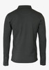 A dark grey long-sleeve polo shirt with a collar and buttoned cuffs, featuring a logo.