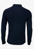 A dark navy polo shirt with long sleeves and a collar, featuring a logo on the side.